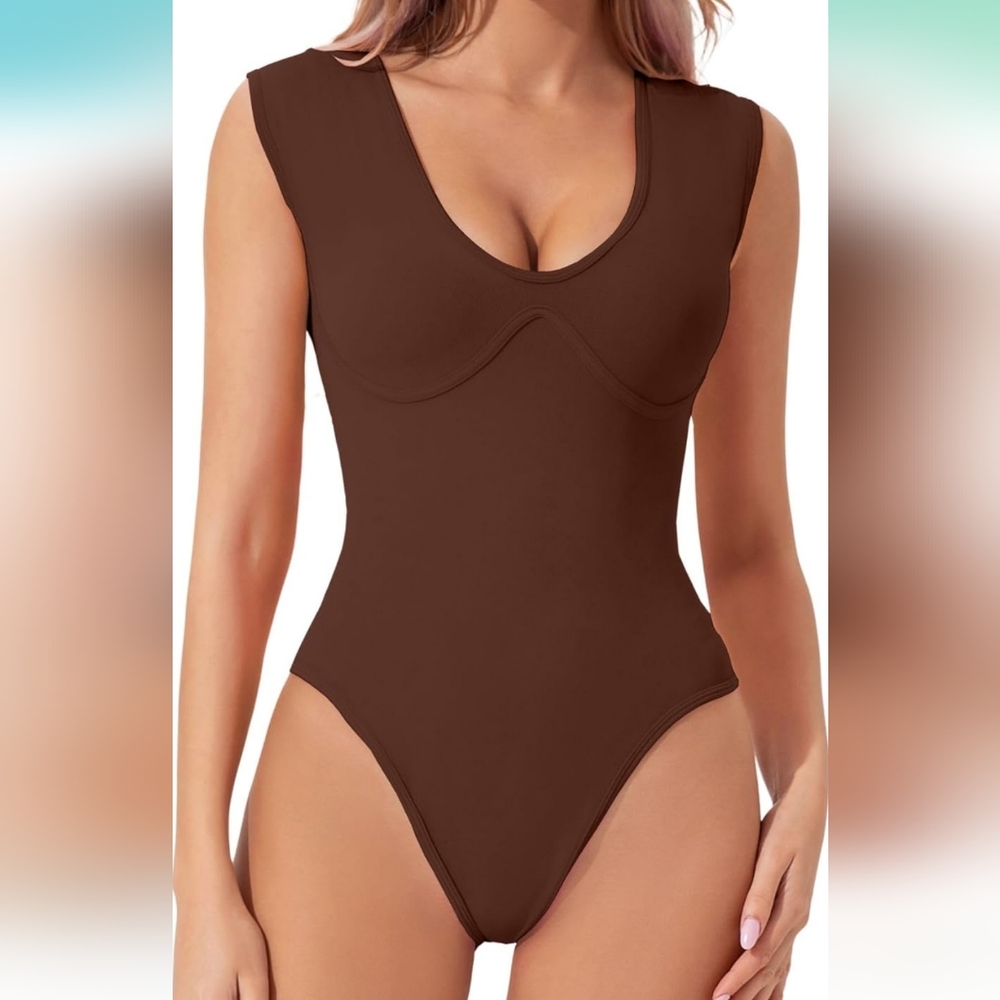 Womens Plunge U Neck Cap Sleeve Bodysuit Soft Body Suit Tops Double Line…